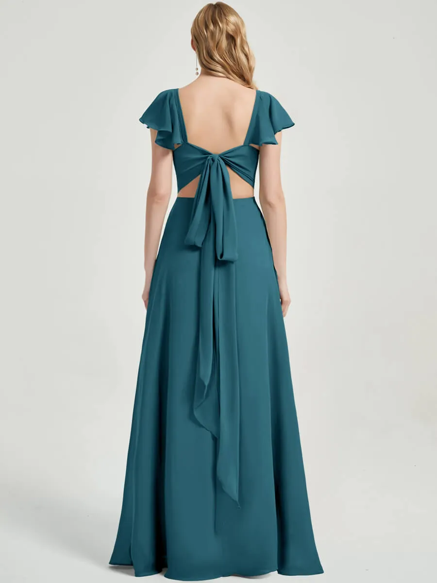 Teal Ruffle Cap Sleeves Floor Length Slit Chiffon Bridesmaid Dresses