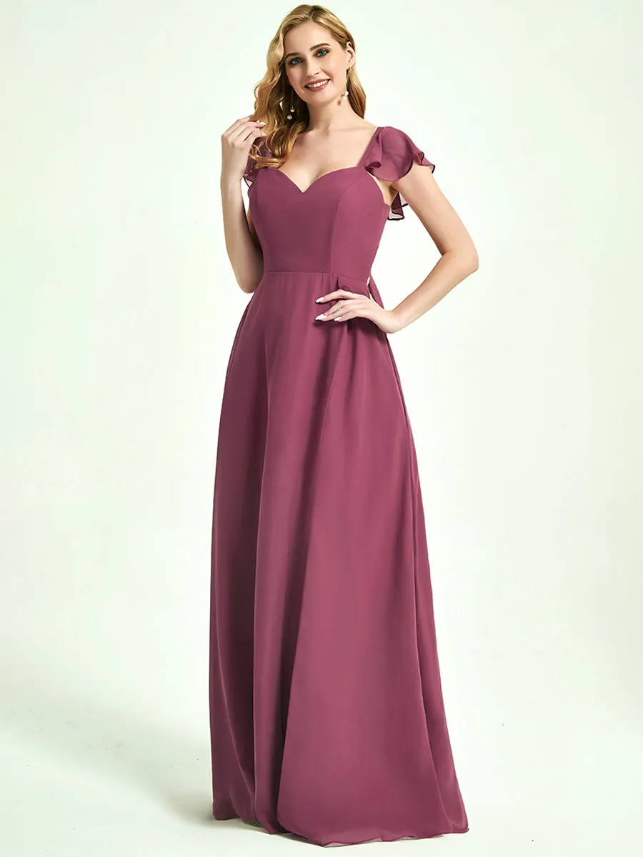 Teal Ruffle Cap Sleeves Floor Length Slit Chiffon Bridesmaid Dresses