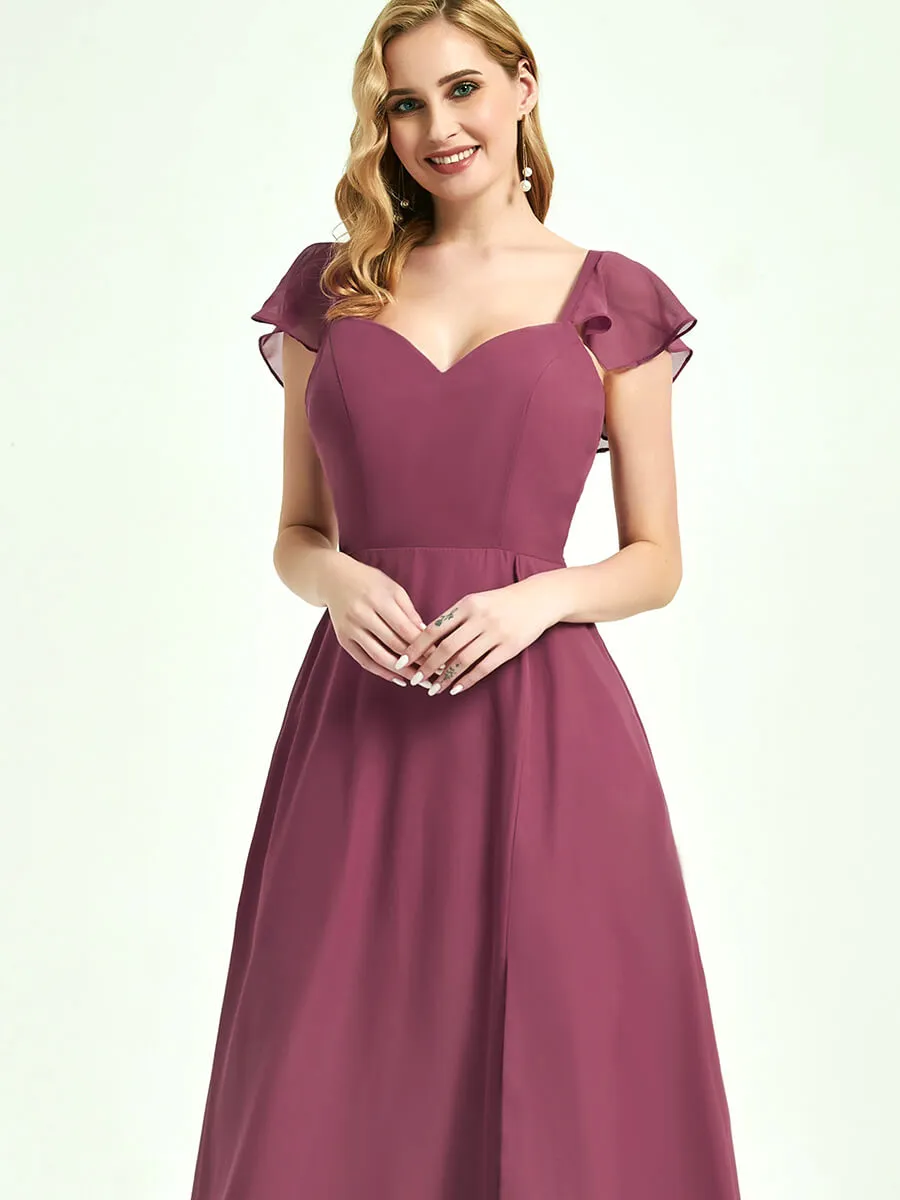 Teal Ruffle Cap Sleeves Floor Length Slit Chiffon Bridesmaid Dresses