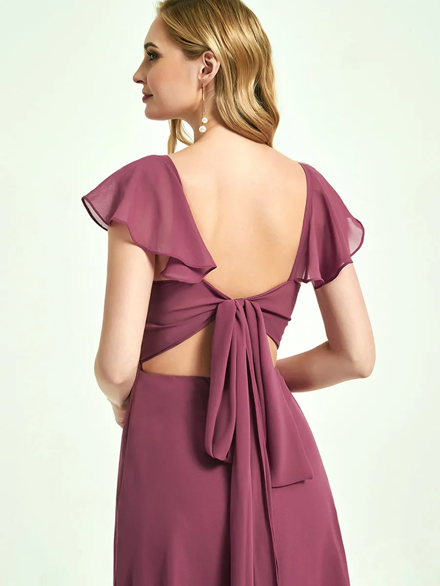 Teal Ruffle Cap Sleeves Floor Length Slit Chiffon Bridesmaid Dresses