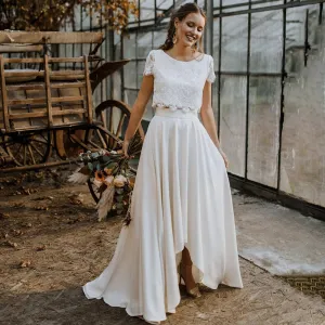 Two Piece Lace Boho Wedding Dress Crop Top Bohemian Princess Scoop Buttons