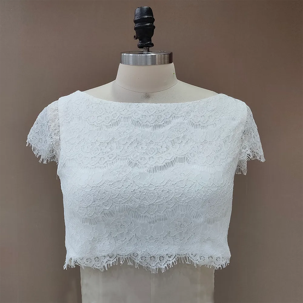 Two Piece Lace Boho Wedding Dress Crop Top Bohemian Princess Scoop Buttons