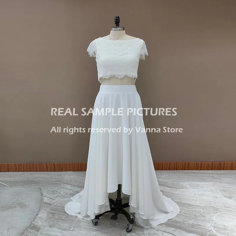 Two Piece Lace Boho Wedding Dress Crop Top Bohemian Princess Scoop Buttons