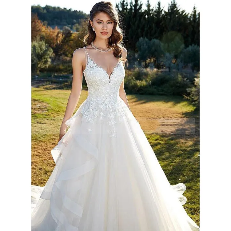 V-neck Neckline Layer Lace Applique A-line Wedding Dress with Spaghetti Straps