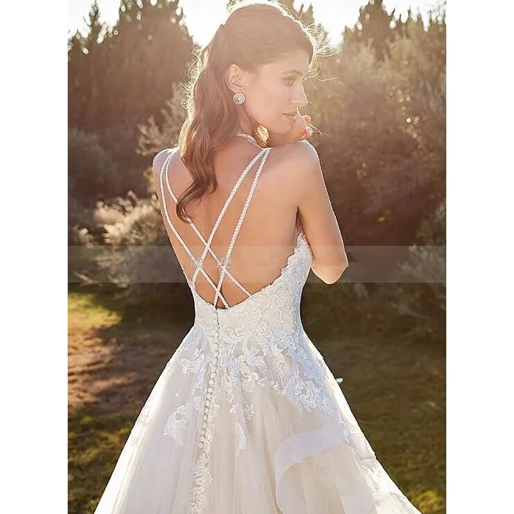 V-neck Neckline Layer Lace Applique A-line Wedding Dress with Spaghetti Straps