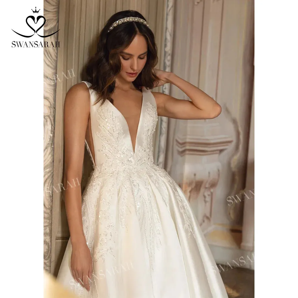 Wedding Dress Beading Open Back Court Train Princess Bride Gown