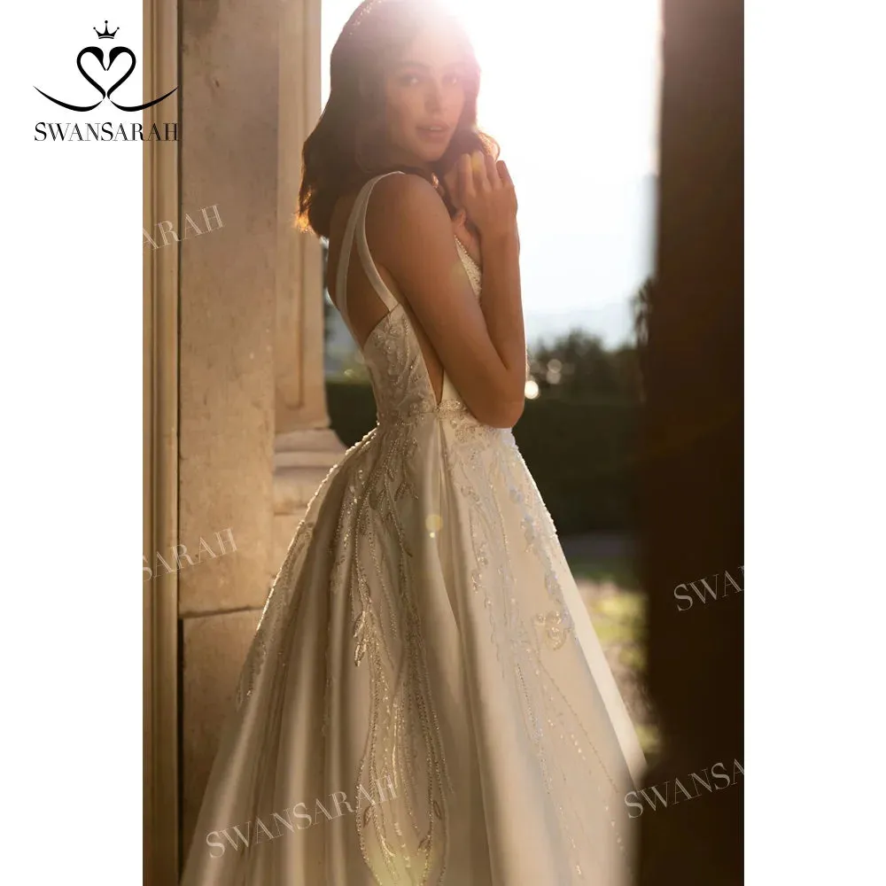 Wedding Dress Beading Open Back Court Train Princess Bride Gown