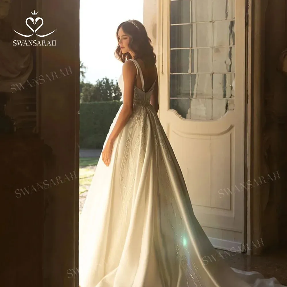 Wedding Dress Beading Open Back Court Train Princess Bride Gown