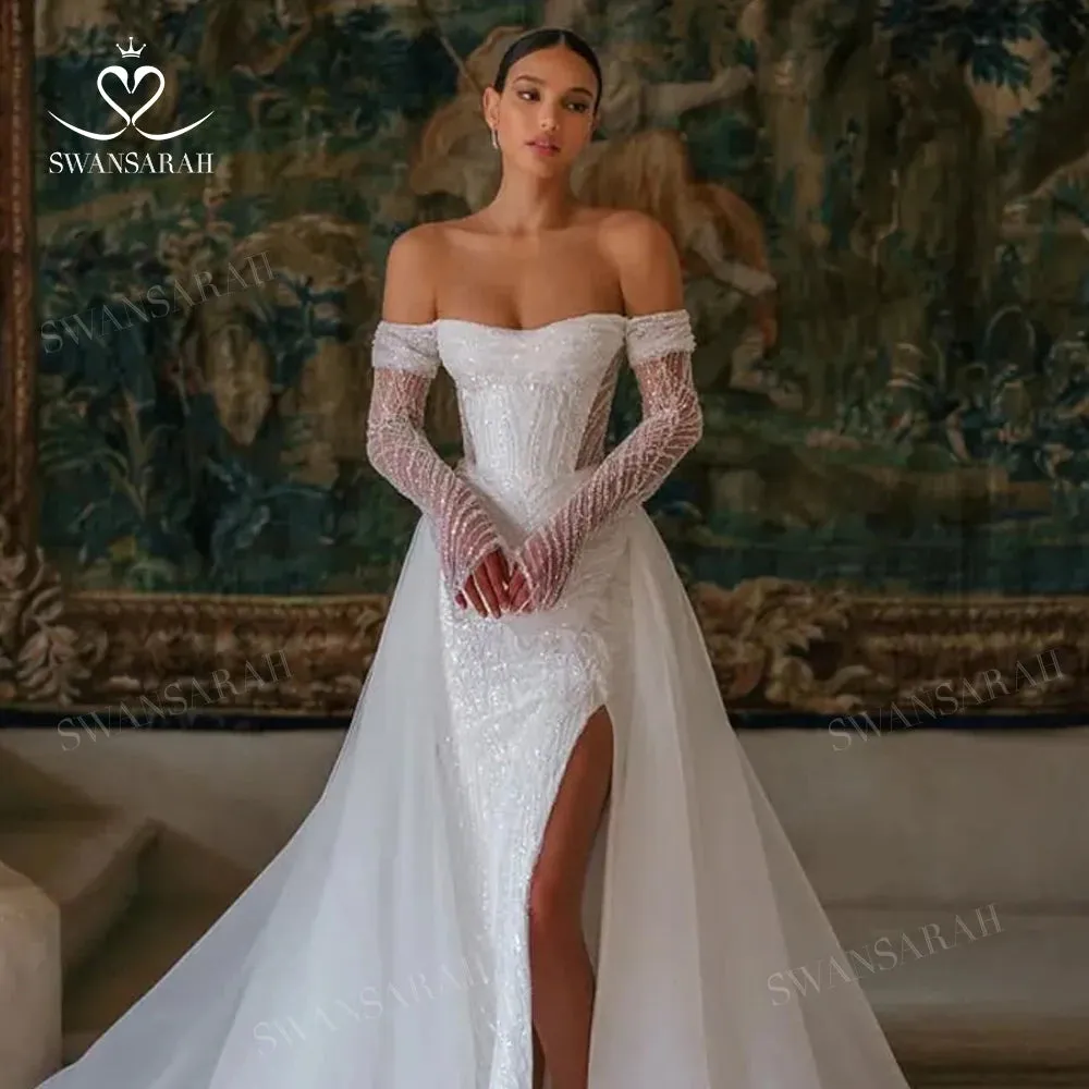 Wedding Dress Beading Split Mermaid Detachable Train Princess Bride Gown