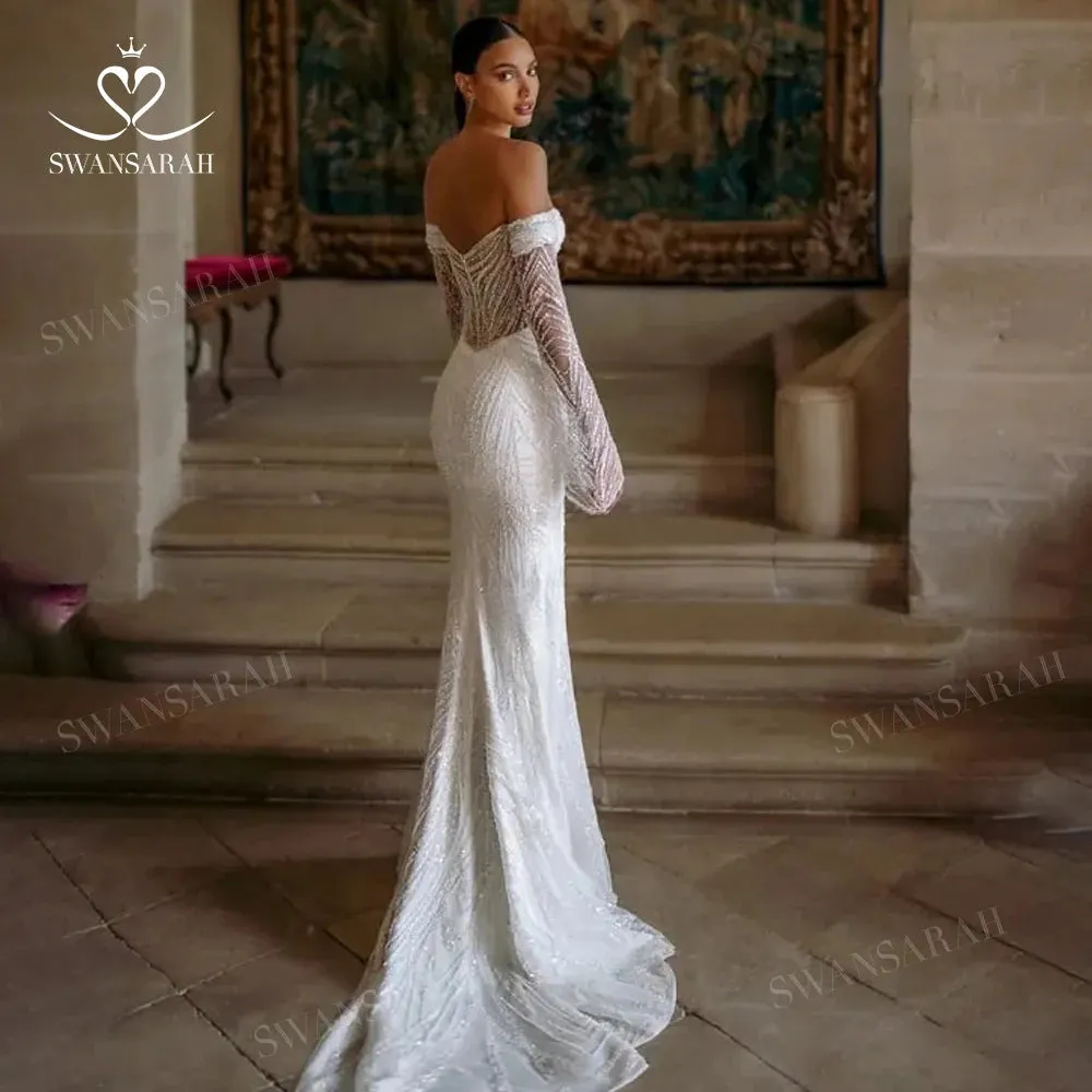 Wedding Dress Beading Split Mermaid Detachable Train Princess Bride Gown