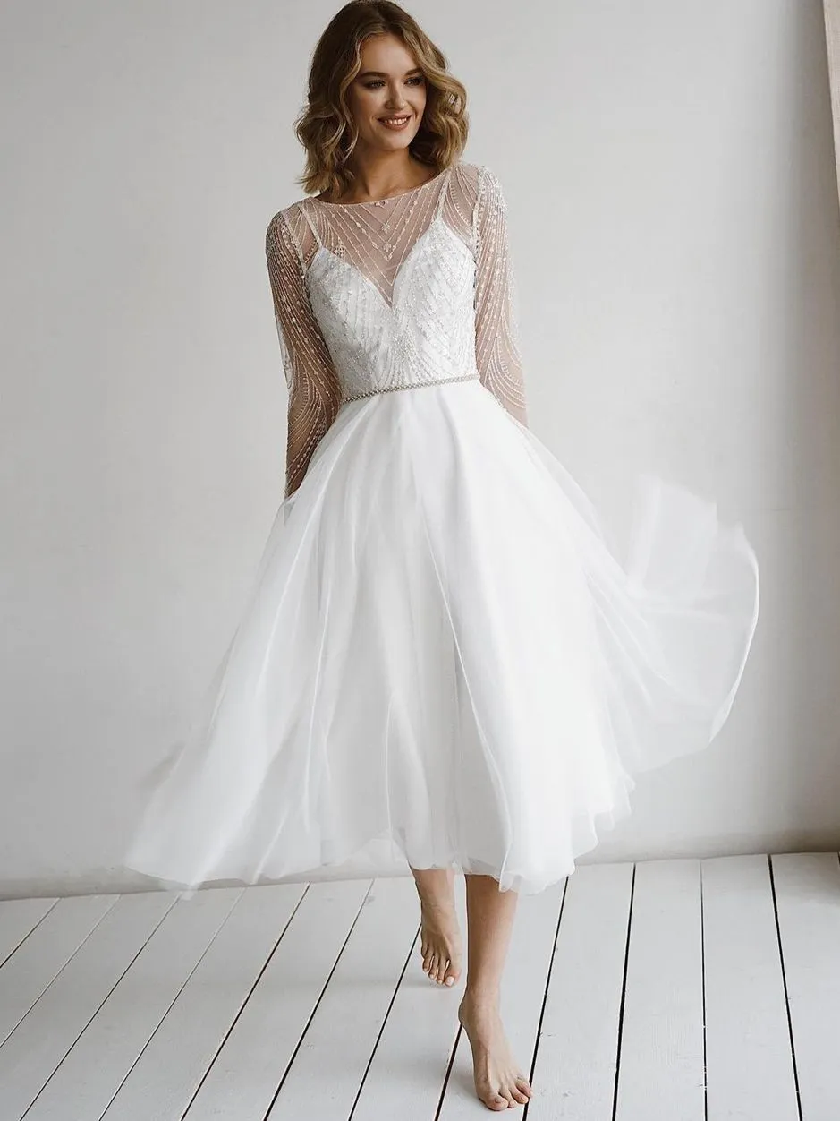 Wedding Dress Long Sleeves Beading Sashes Backless Appliques