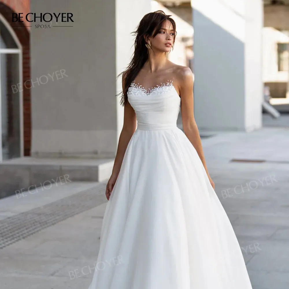 Wedding Dress Satin Pearls A-Line Chic Sweetheart Bride Gown