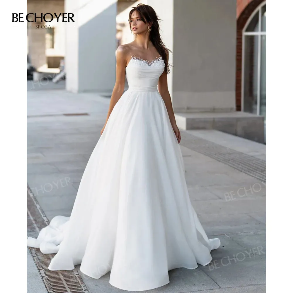 Wedding Dress Satin Pearls A-Line Chic Sweetheart Bride Gown
