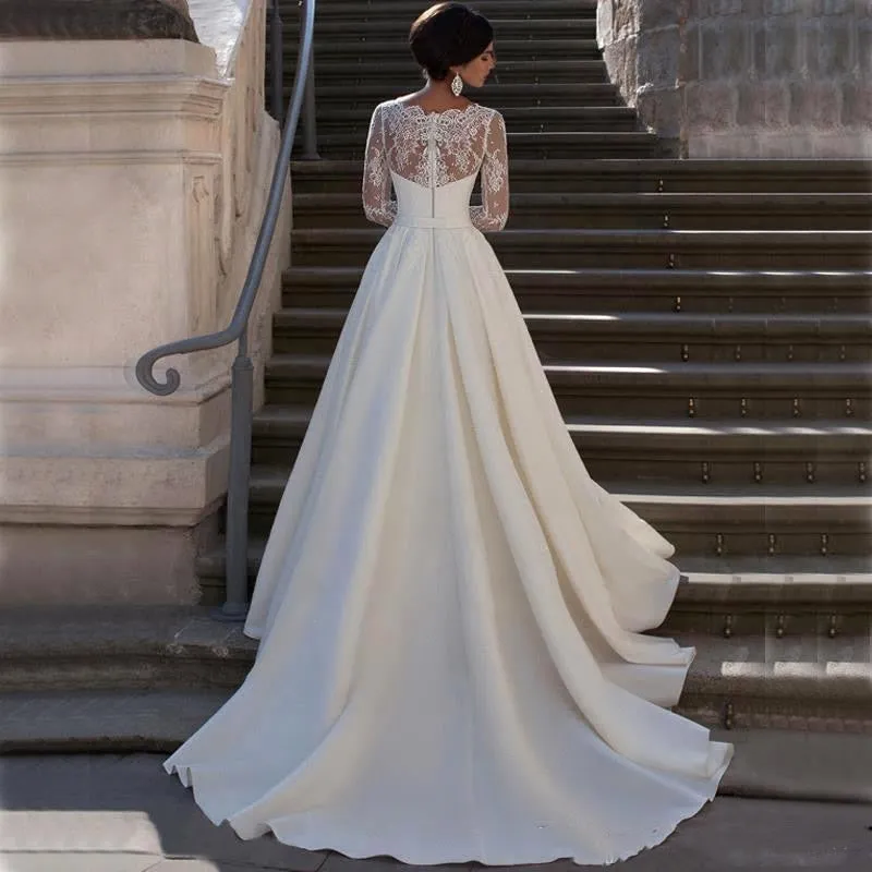 Wedding Dress V Neck Sheer Back Long Sleeve For Women Princess