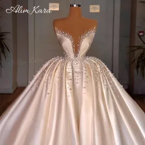 Wedding Dresses for women Satin Off Shoulder Court Train Bridal Gown