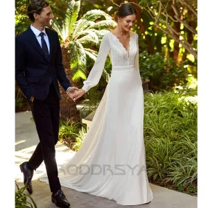 Wedding Dresses Long Sleeves Charming V-Neck Lace Backless Chiffon Bridal Gowns