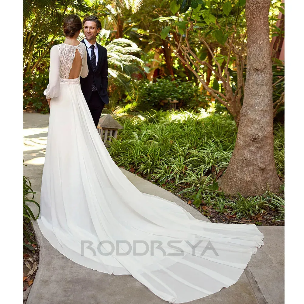 Wedding Dresses Long Sleeves Charming V-Neck Lace Backless Chiffon Bridal Gowns