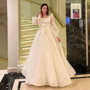 Wedding Dresses with Bow Long Sleeves Square Collar A-Line Elegant