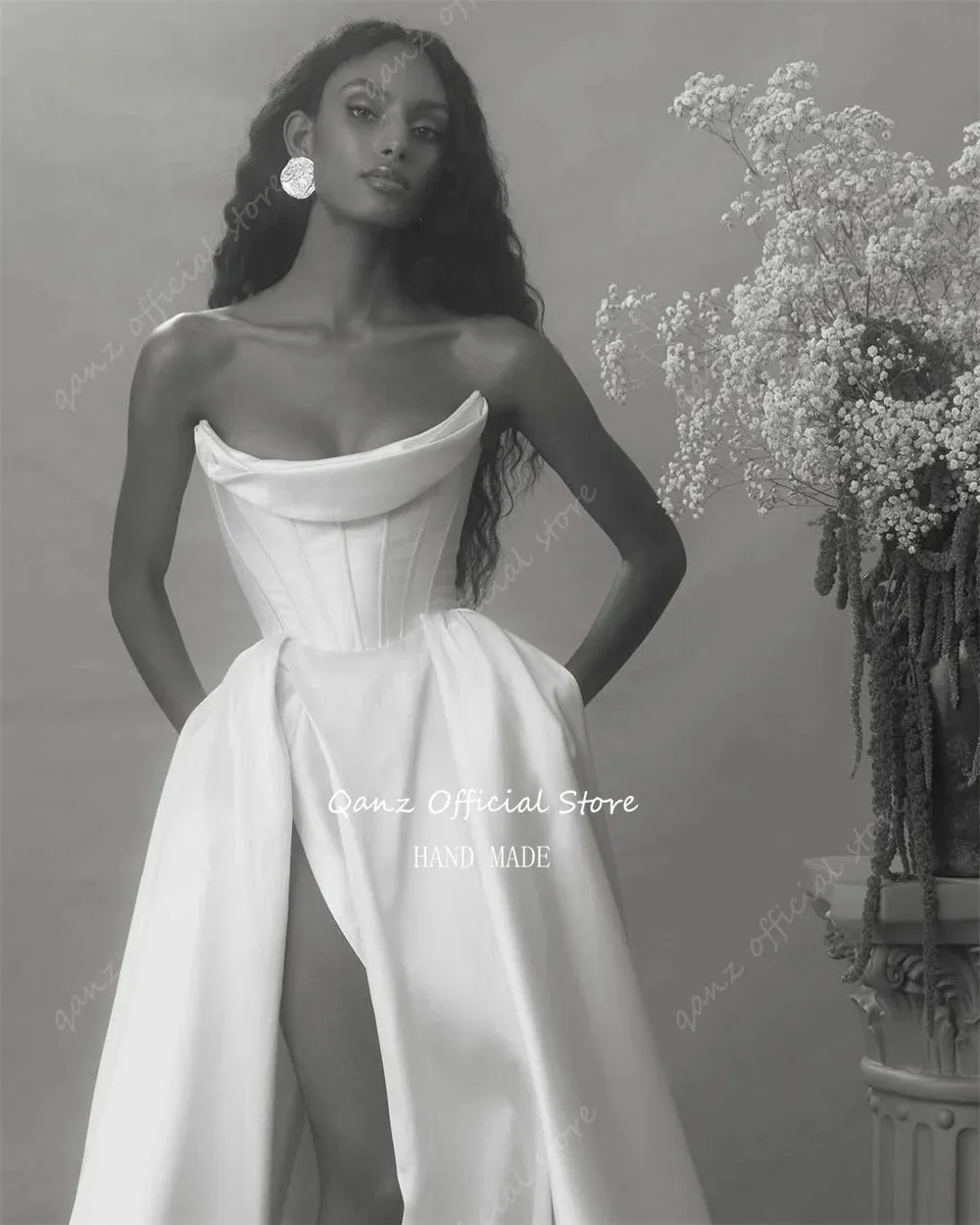 Wedding Gown Strapless Mermaid Pleat Wedding Dress High Slit Floor Length