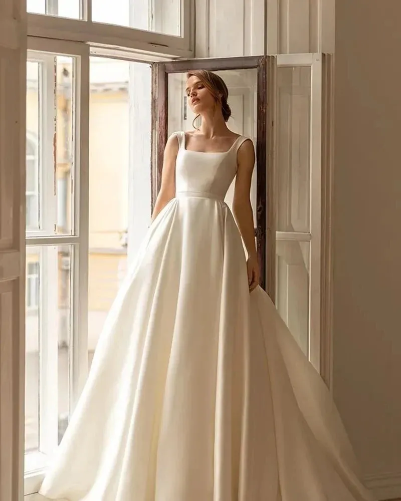 Wedding Guest Dresses: Wedding Dresses With Detachable Coat Square Collar Bridal Gowns Long