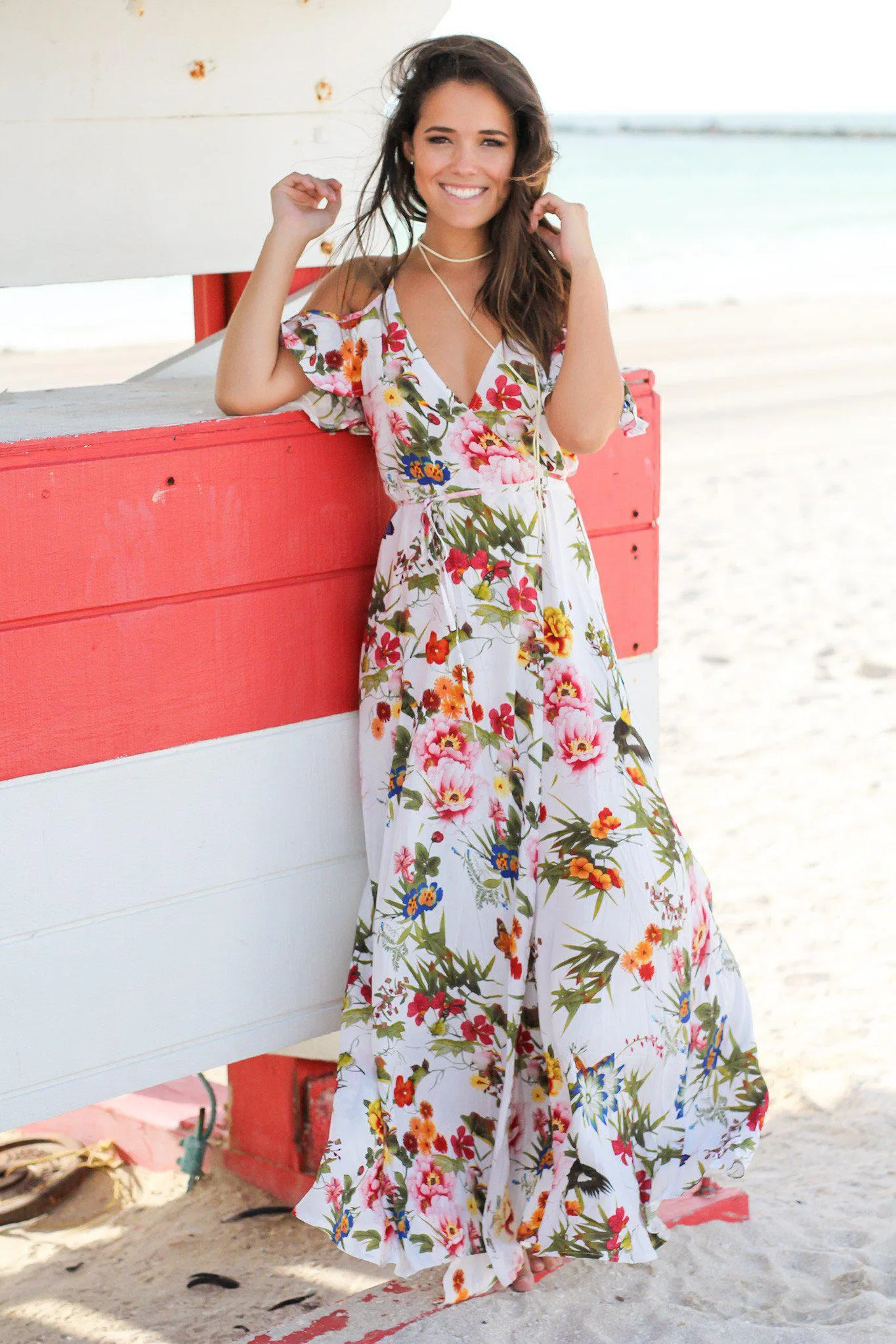 White Floral Wrap Maxi Dress with Ruffled Sleeves
