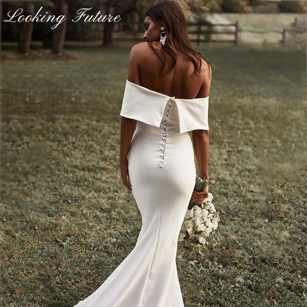 White Off Shoulder Wedding Dresses for Bride Women Mermaid Simple