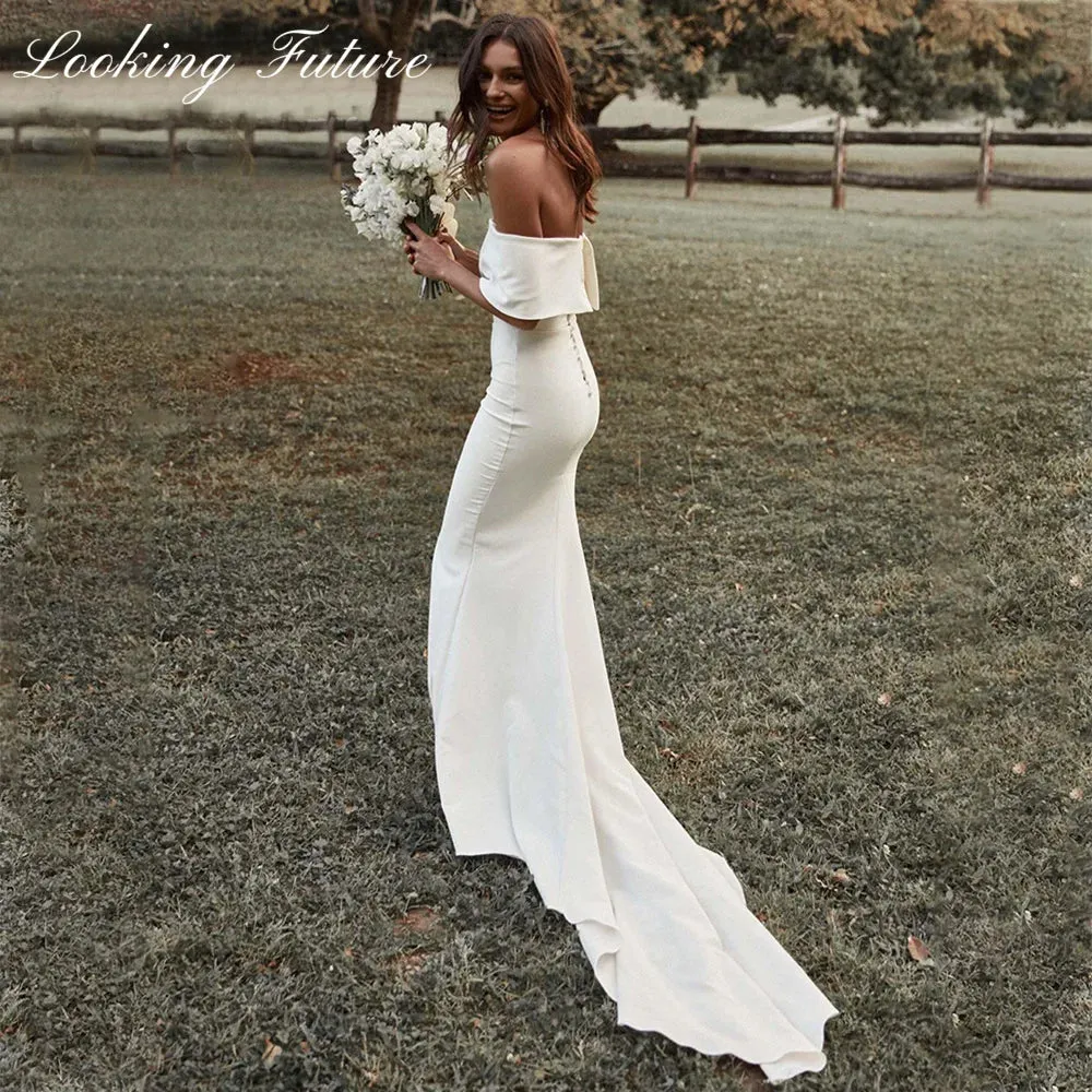 White Off Shoulder Wedding Dresses for Bride Women Mermaid Simple
