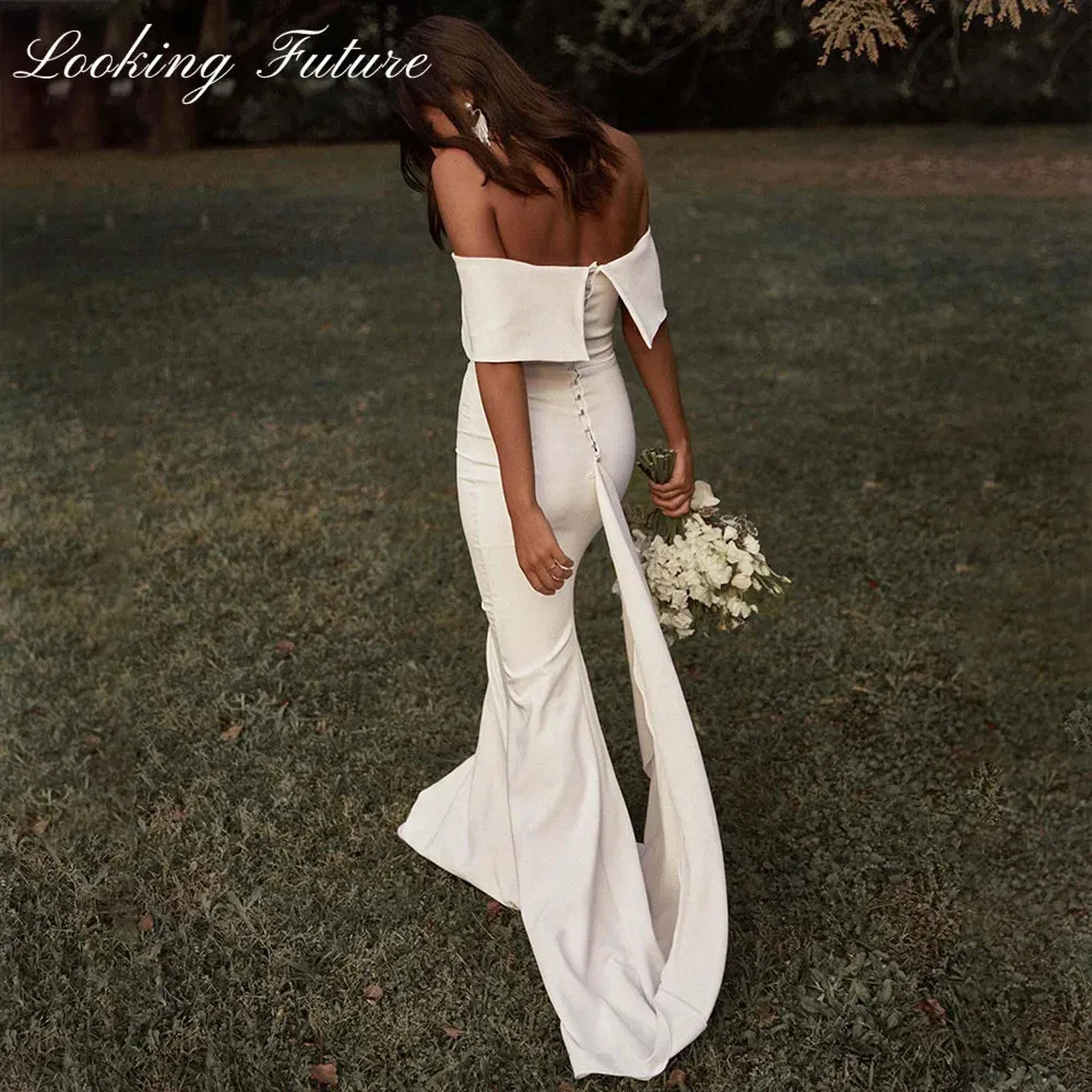 White Off Shoulder Wedding Dresses for Bride Women Mermaid Simple