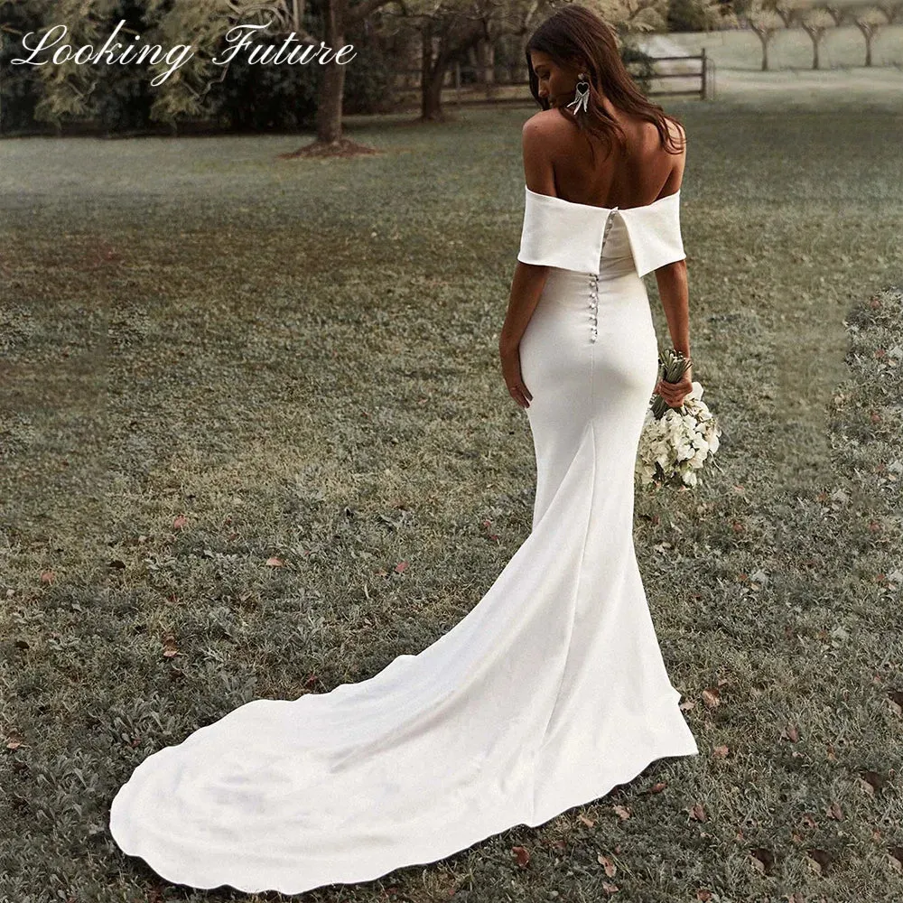 White Off Shoulder Wedding Dresses for Bride Women Mermaid Simple