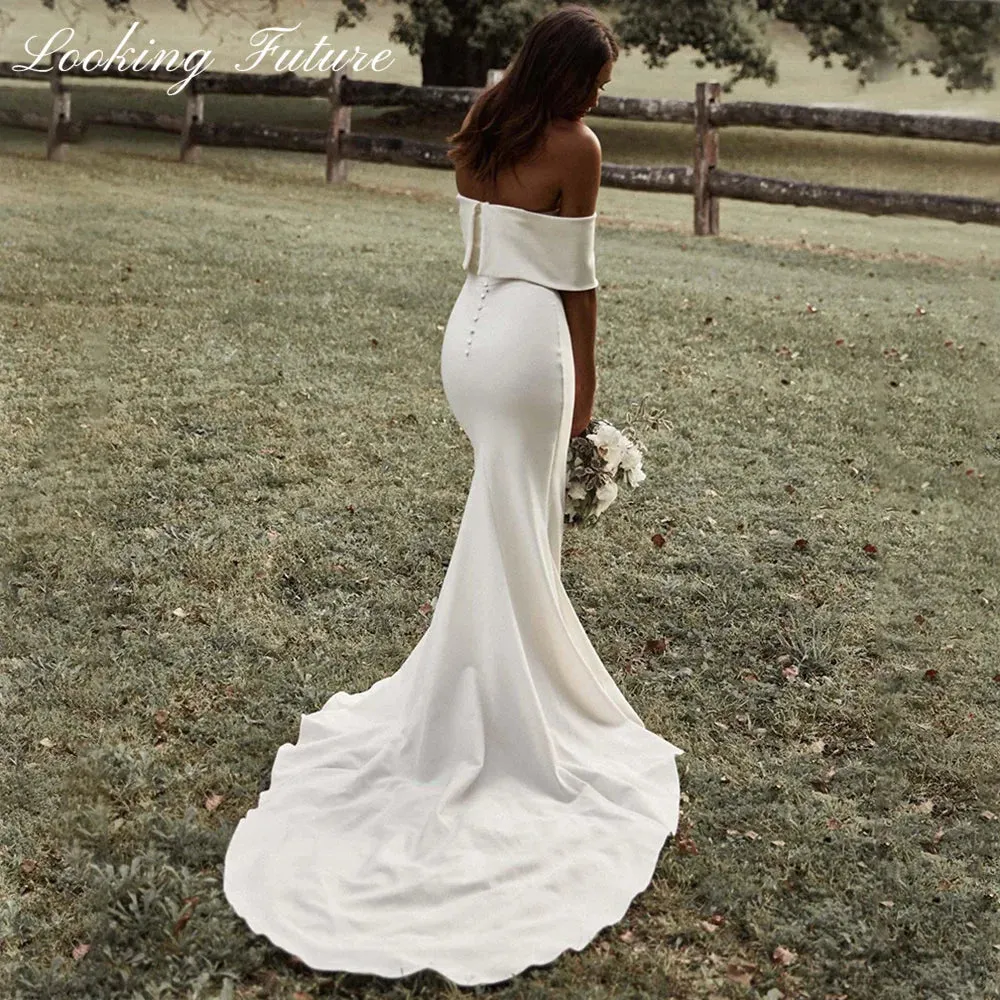 White Off Shoulder Wedding Dresses for Bride Women Mermaid Simple