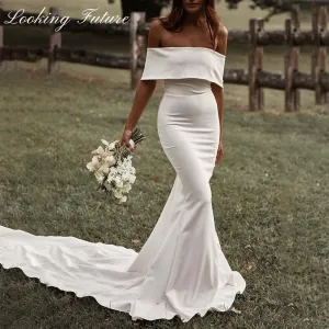 White Off Shoulder Wedding Dresses for Bride Women Mermaid Simple