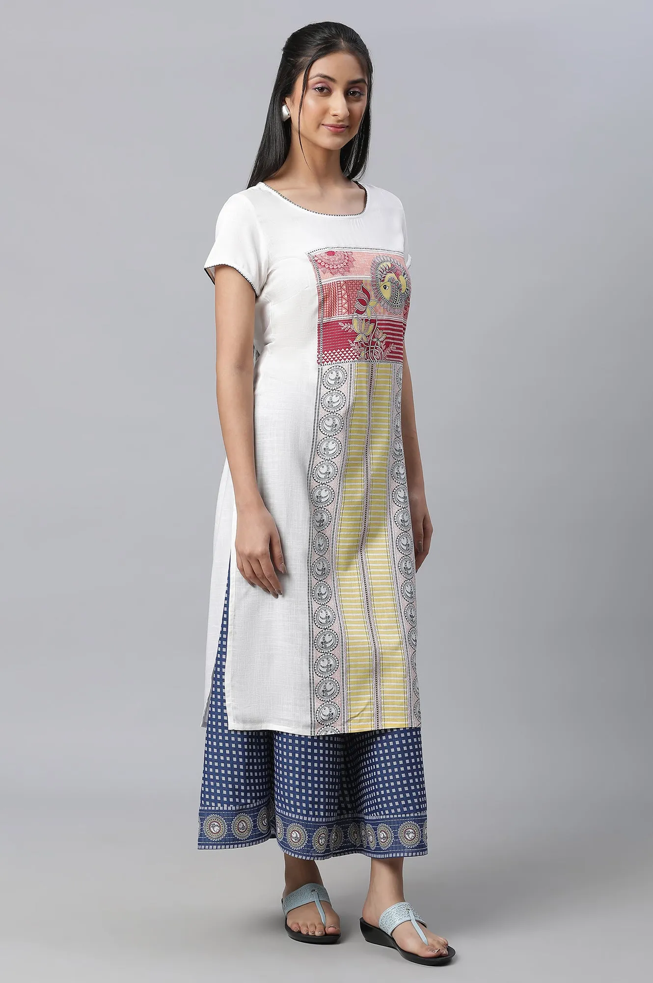 White Printed Kurta, Culottes & Dupatta Set