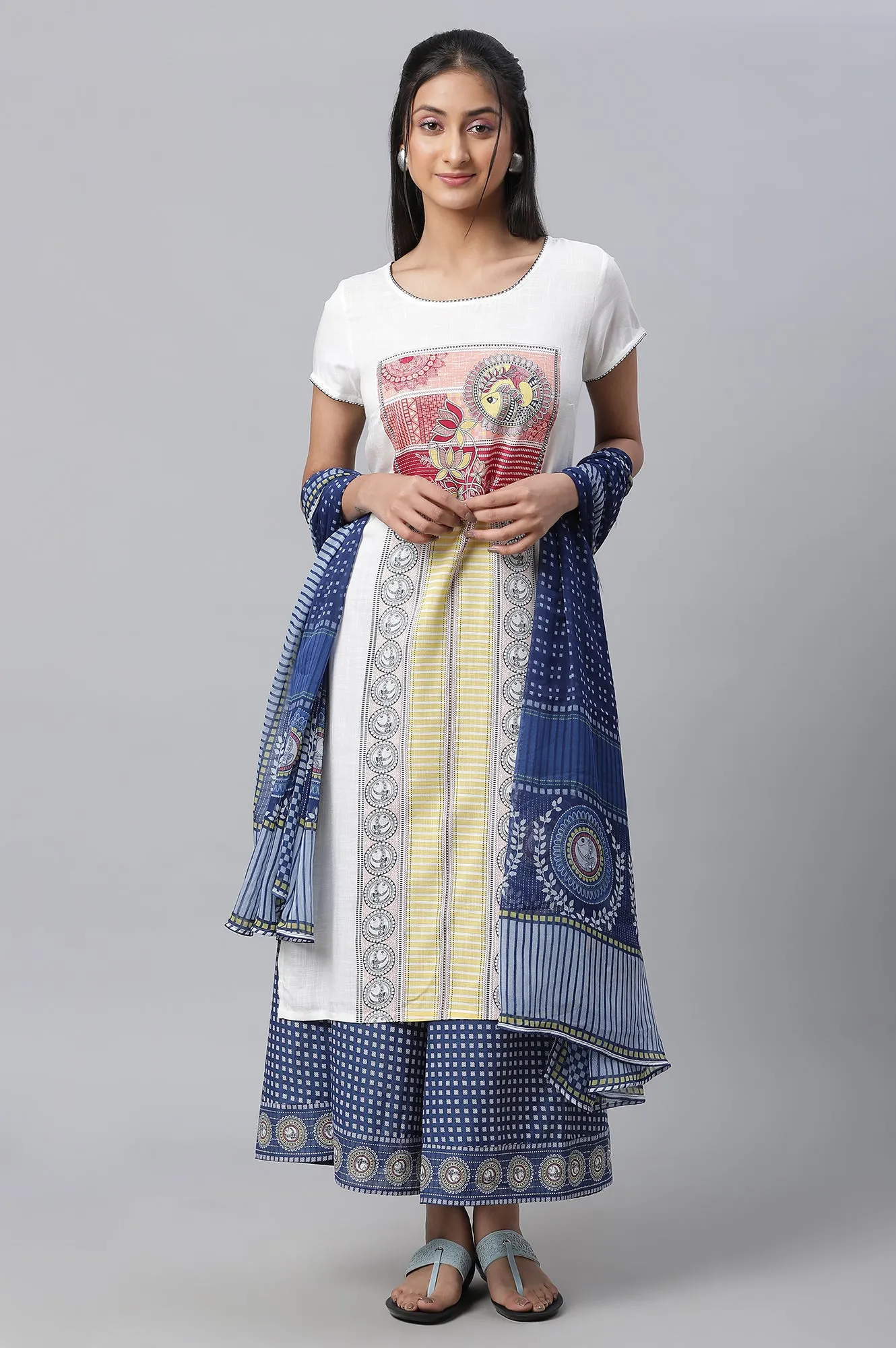 White Printed Kurta, Culottes & Dupatta Set