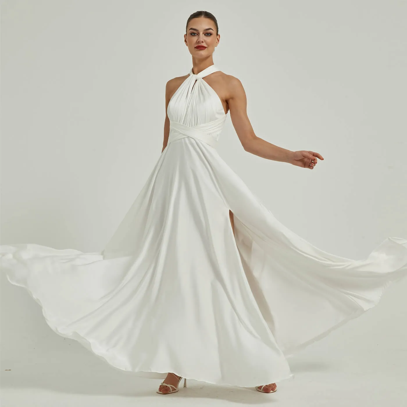 White Satin Convertible Bridesmaid Dress Multi Ways Wrap A-Line Gowns