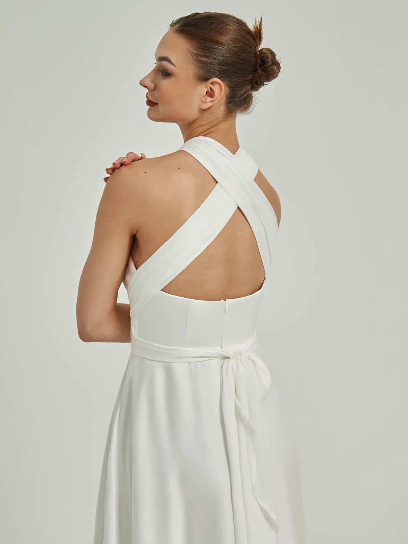 White Satin Convertible Bridesmaid Dress Multi Ways Wrap A-Line Gowns