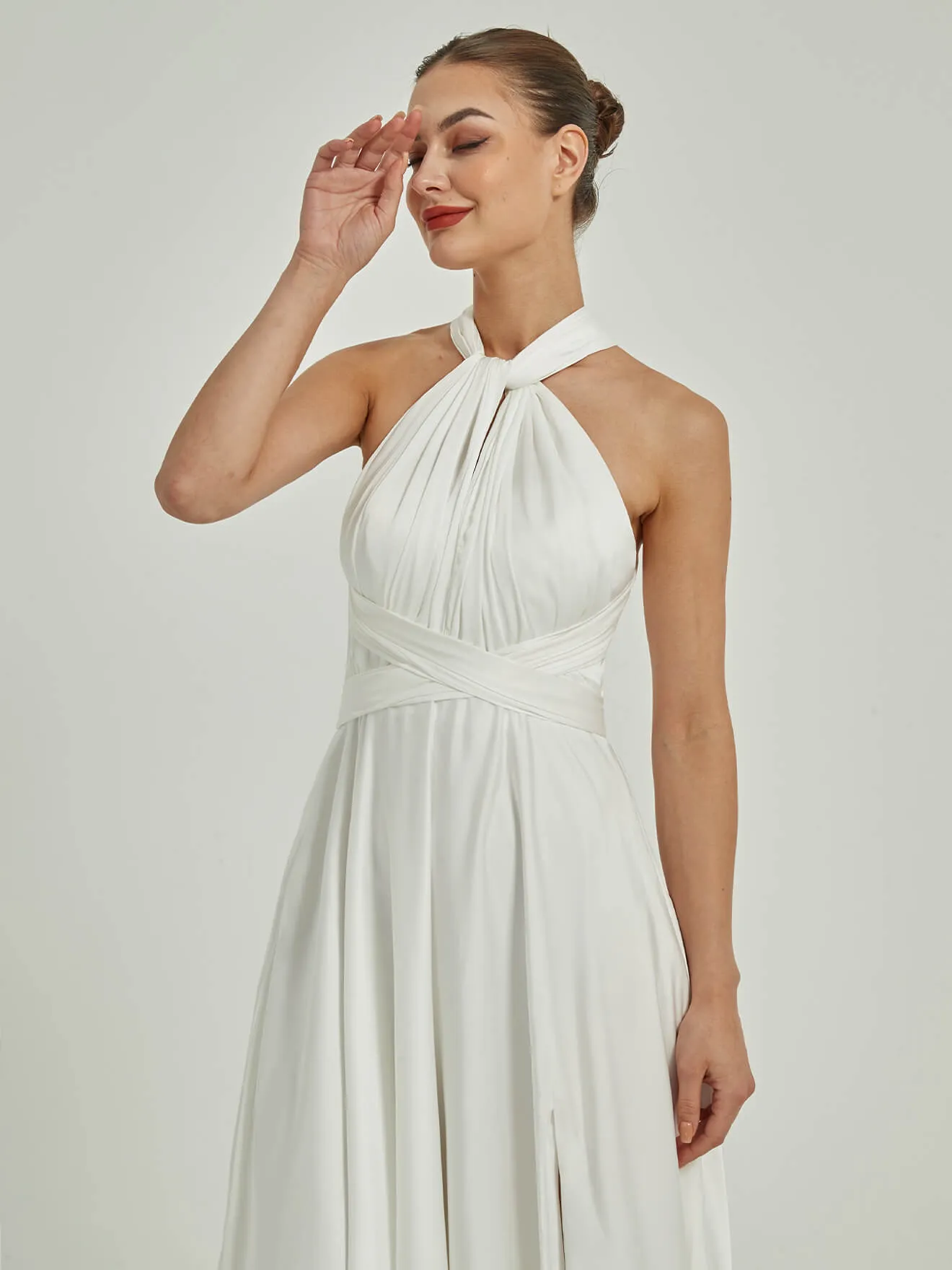 White Satin Convertible Bridesmaid Dress Multi Ways Wrap A-Line Gowns