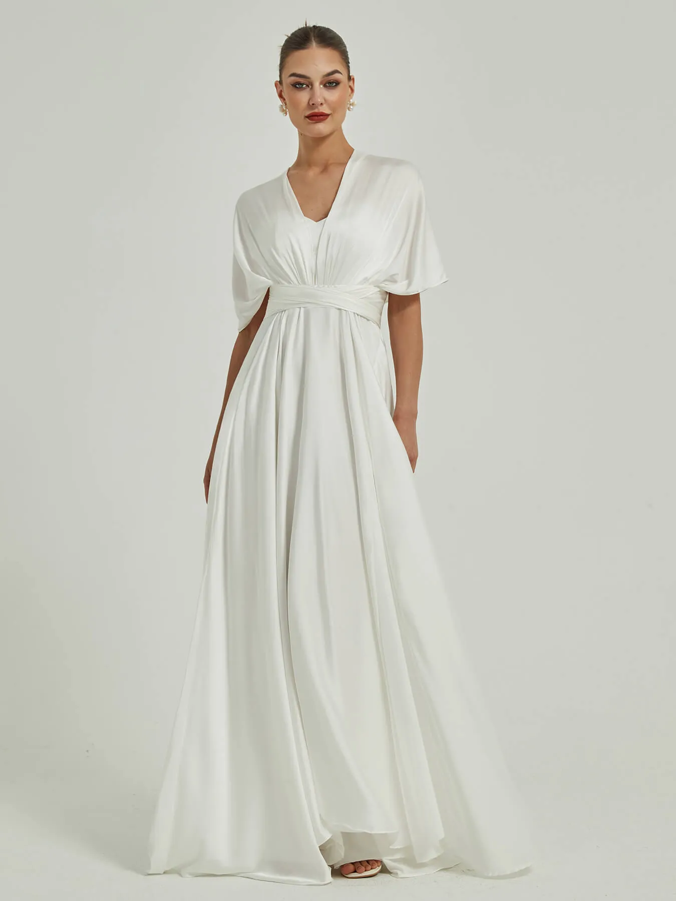 White Satin Convertible Bridesmaid Dress Multi Ways Wrap A-Line Gowns