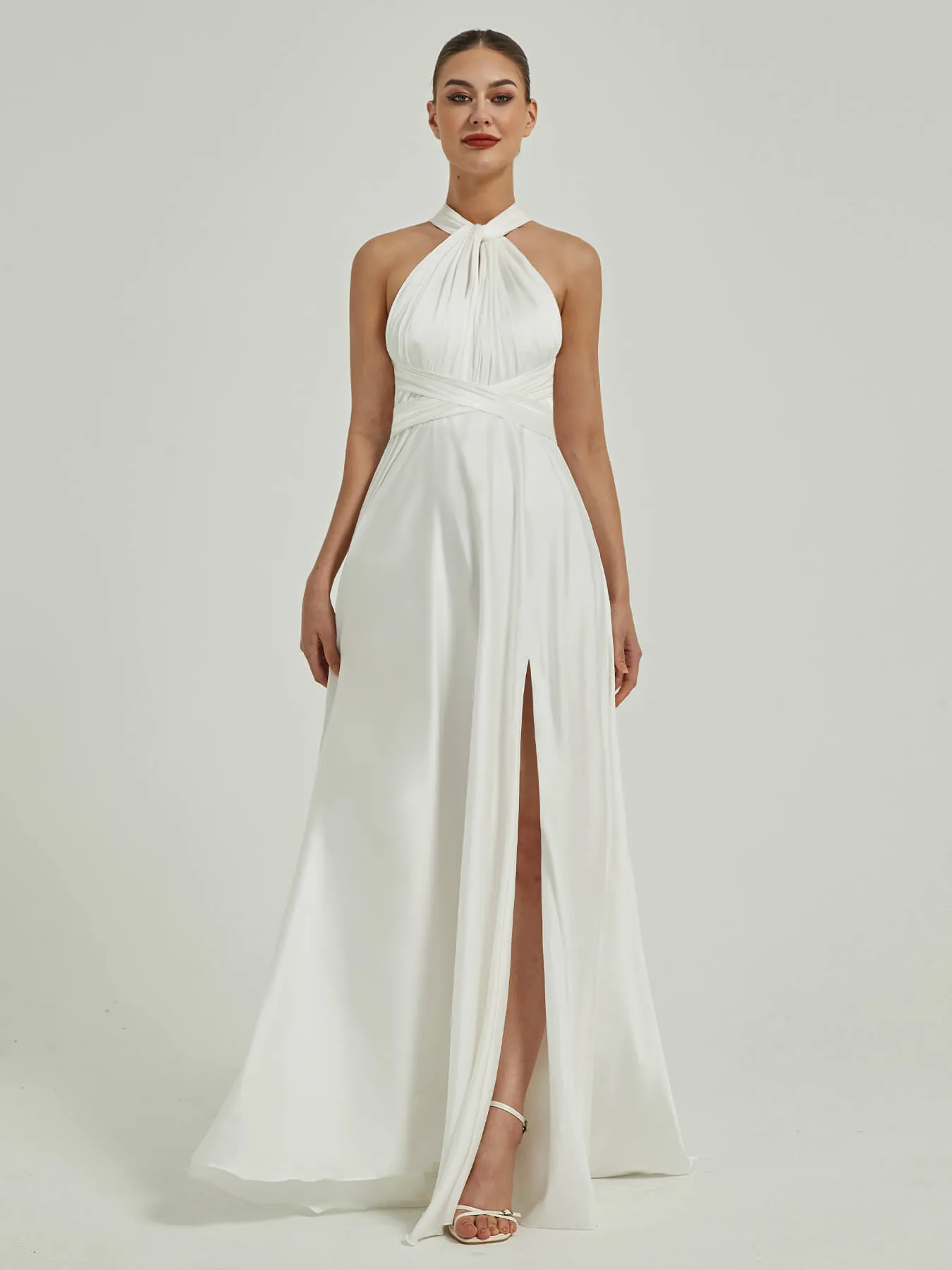 White Satin Convertible Bridesmaid Dress Multi Ways Wrap A-Line Gowns