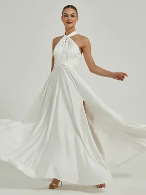 White Satin Convertible Bridesmaid Dress Multi Ways Wrap A-Line Gowns