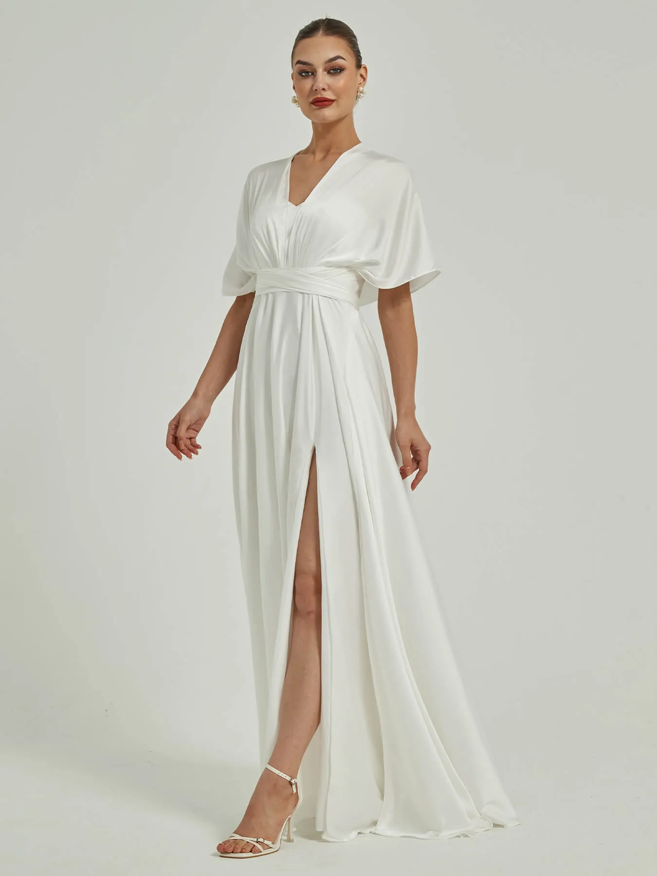 White Satin Convertible Bridesmaid Dress Multi Ways Wrap A-Line Gowns