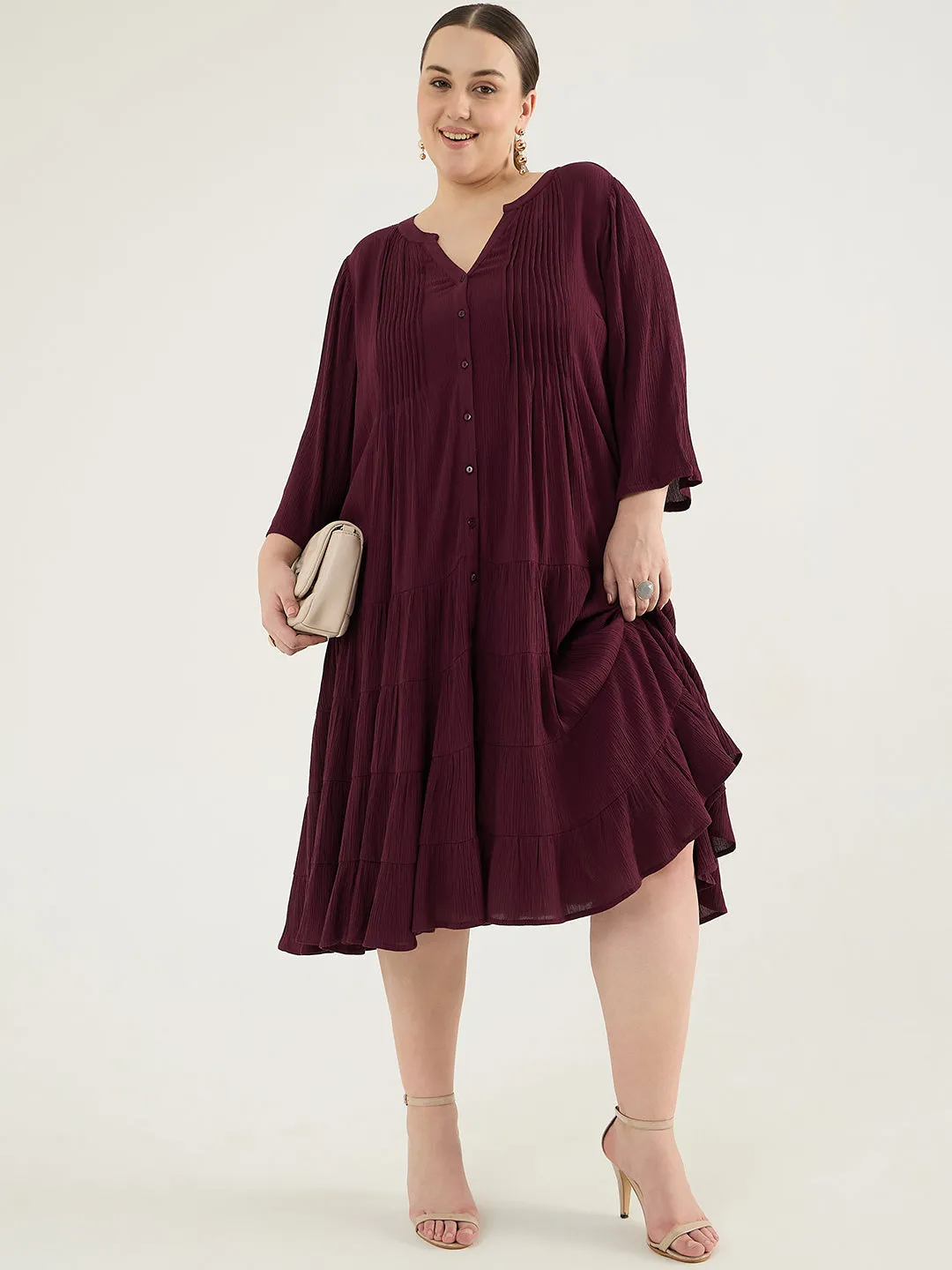 Wine Button Down Tiered Midi Dress