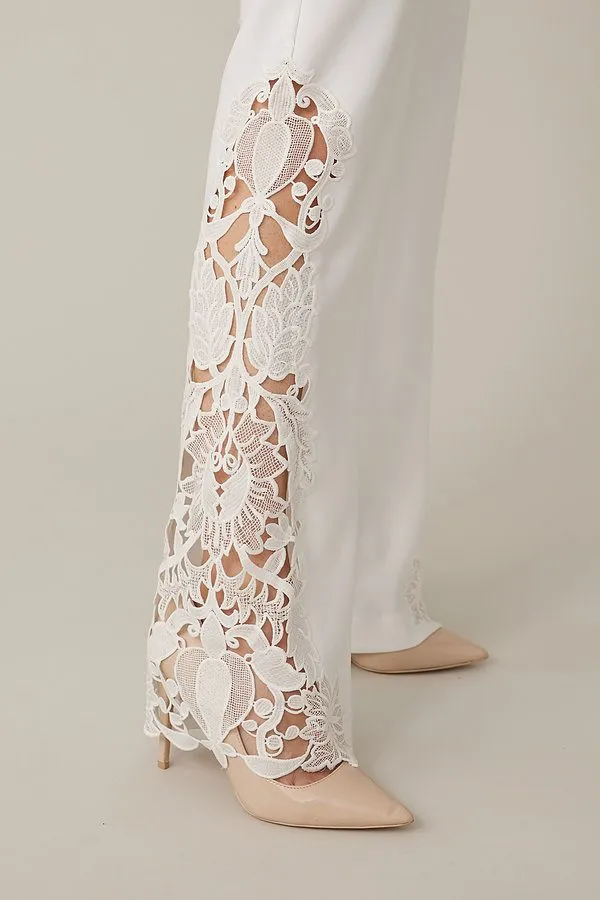 Women's Joseph Ribkoff | Flowing Lace Detail Wide Leg Pant | Vanilla