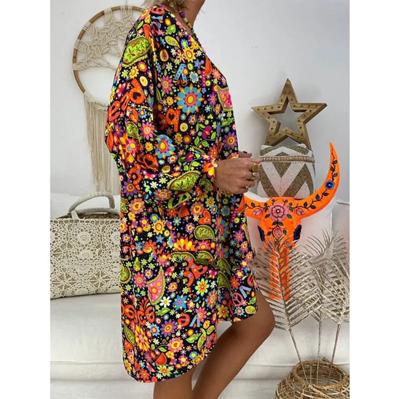 Womens Summer Boho V-Neck Floral Printed Long Sleeve Dress