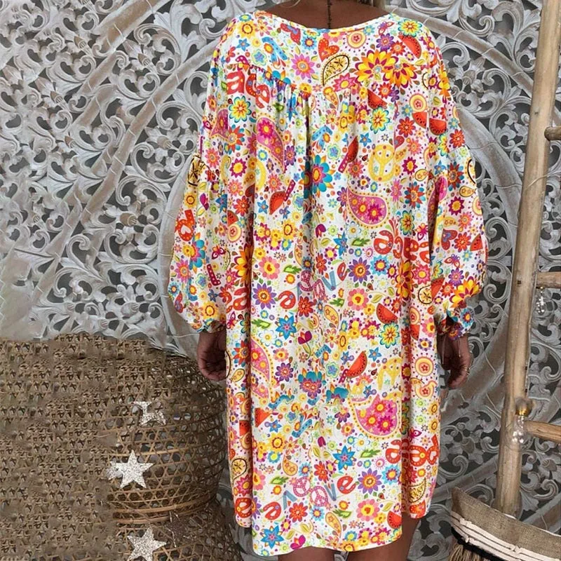 Womens Summer Boho V-Neck Floral Printed Long Sleeve Dress