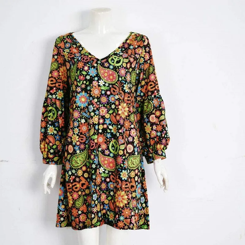 Womens Summer Boho V-Neck Floral Printed Long Sleeve Dress