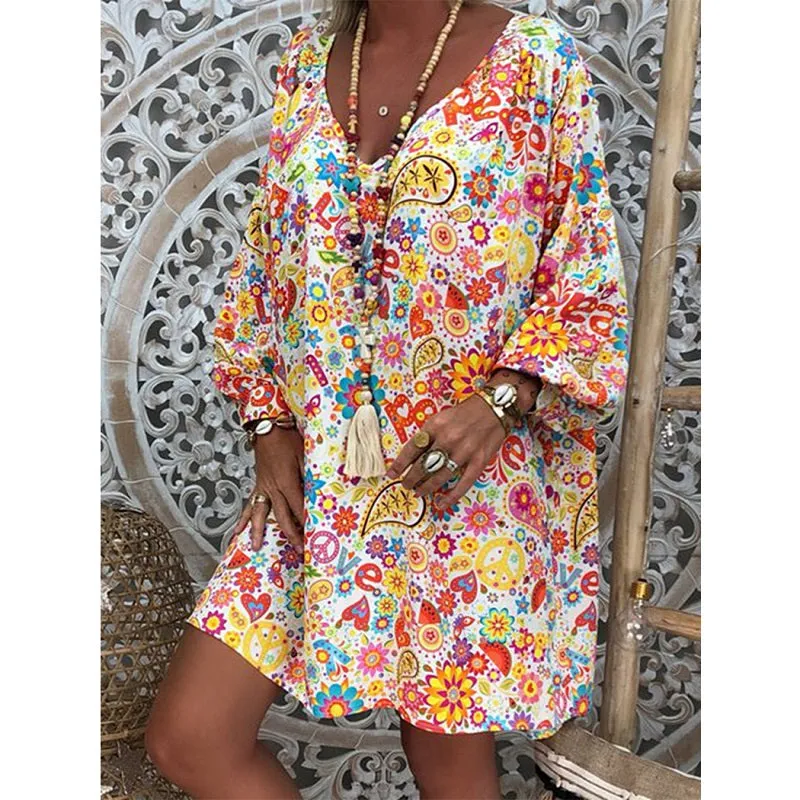 Womens Summer Boho V-Neck Floral Printed Long Sleeve Dress