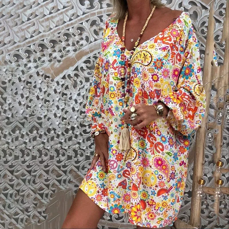 Womens Summer Boho V-Neck Floral Printed Long Sleeve Dress