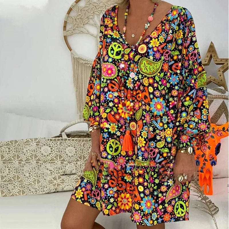 Womens Summer Boho V-Neck Floral Printed Long Sleeve Dress