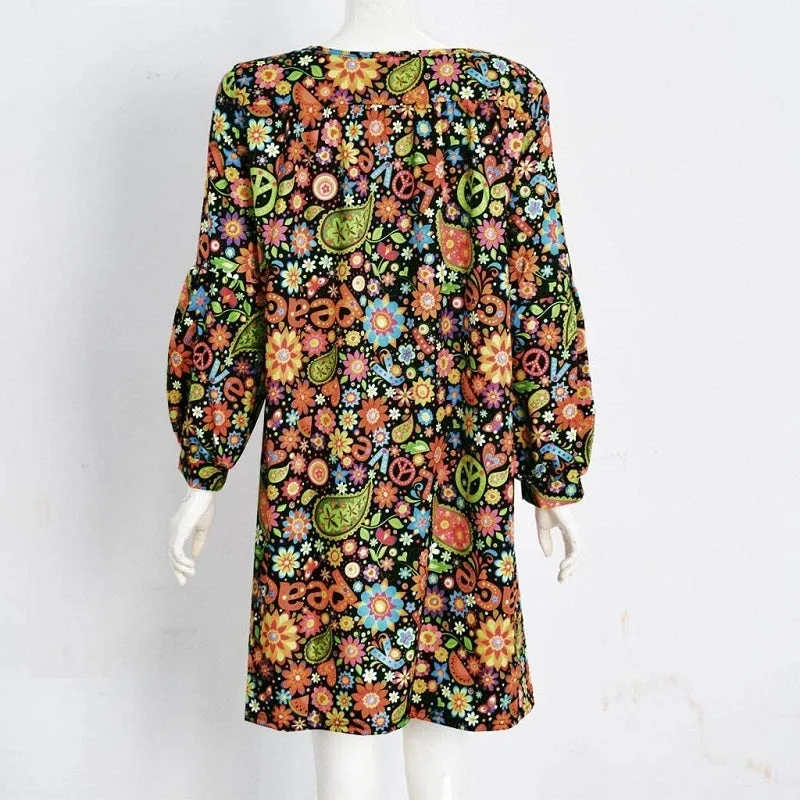Womens Summer Boho V-Neck Floral Printed Long Sleeve Dress