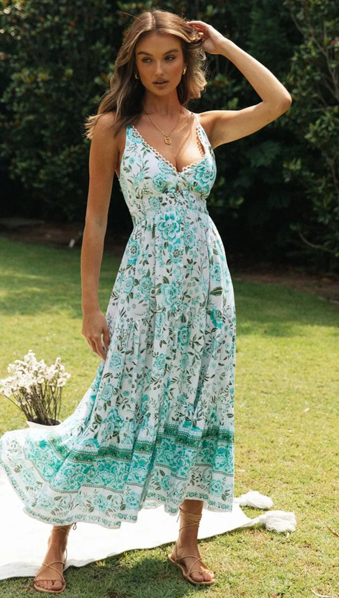 Women's V-neck boho style flower maxi dress